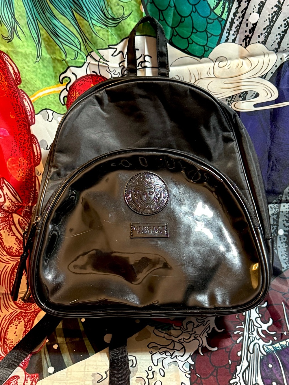VERSACE PARFUMS Medusa Head Black Faux Patent Leather Nylon Backpack with Logo ✨
